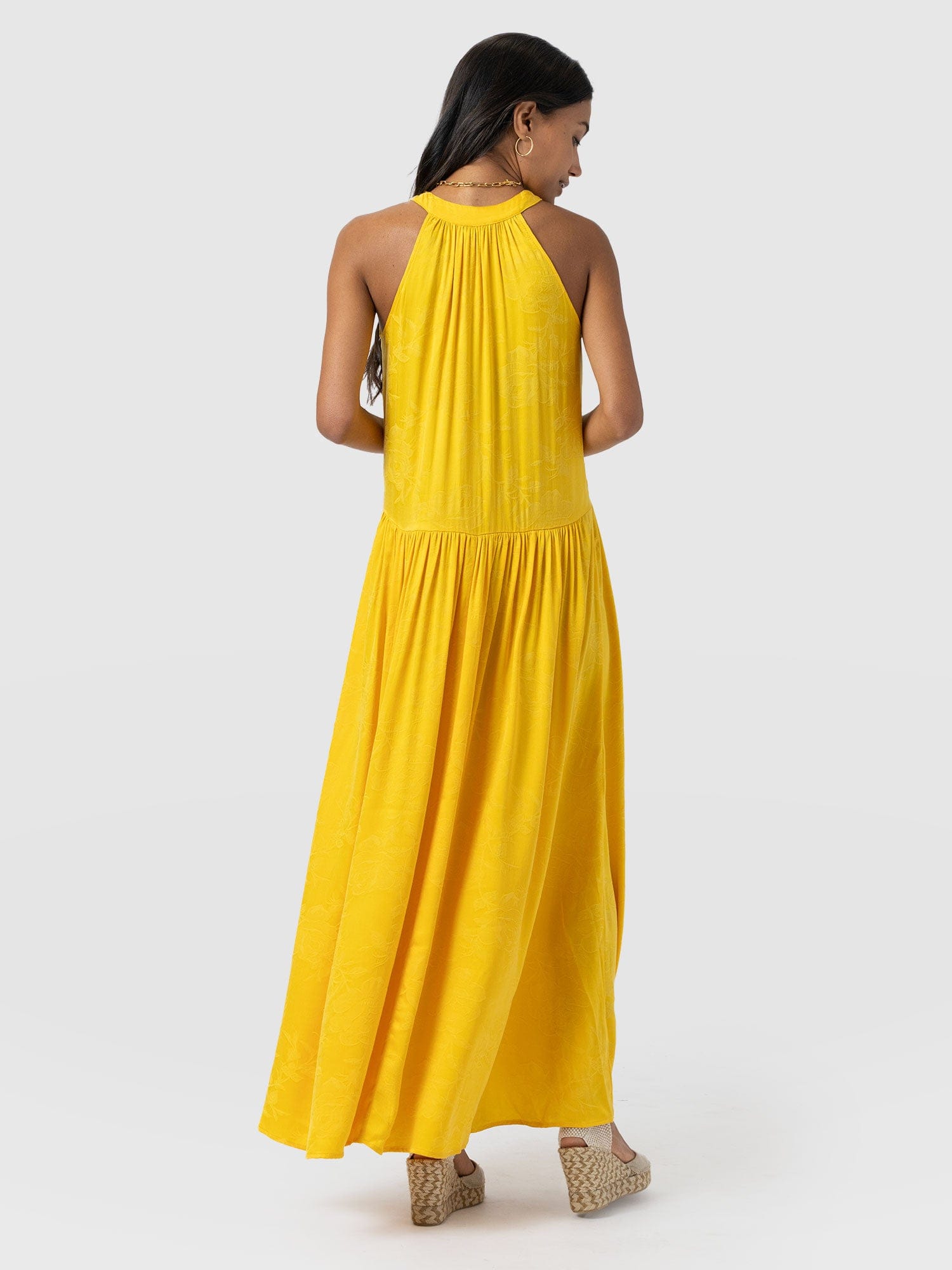 Zoey Halter Neck Dress - Yellow Jacquard